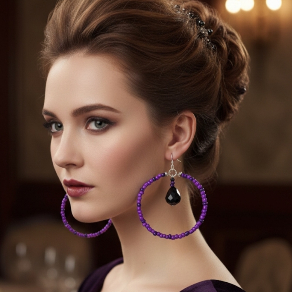 Large Hoop Earrings with Violet Beads and Black Crystal, Extra Lightweight. 8 Cm